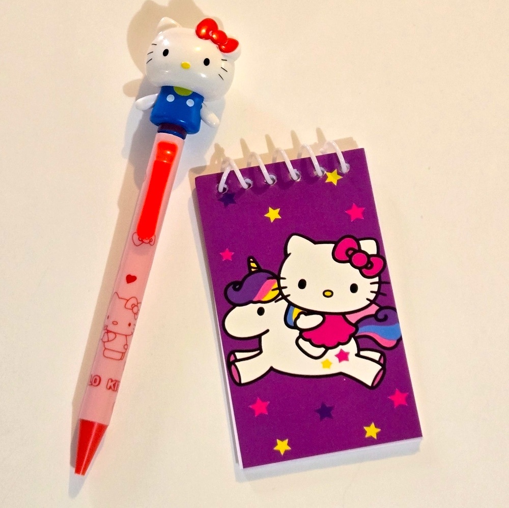 🍒🍒 Waving Hello Kitty Pen and With Unicorn Notepad - Pink and Blue